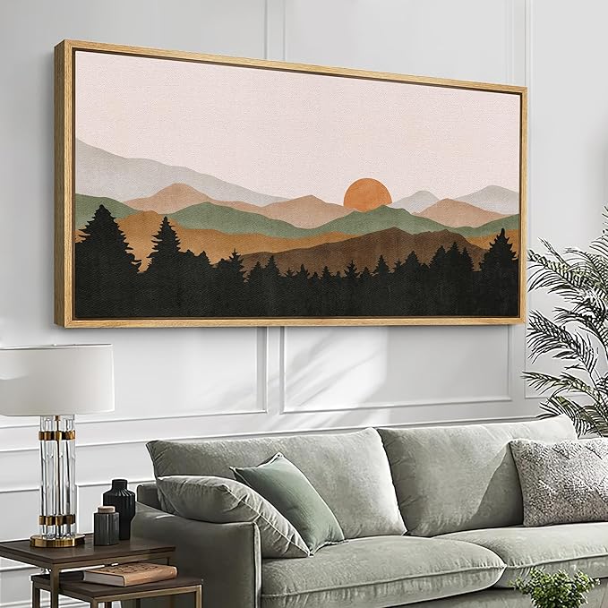 SIGNFORD Extra Large Framed Canvas Print Wall Art Abstract Mountain Contours Sunset Landscape Illustrations Modern Art Relax/Calm Warm for Living Room, Bedroom, Office - 60"x30"