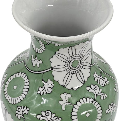 Galt International 14” Hand Painted Chinoiserie Ceramic Vase – Antique Style Porcelain Flower Bottle by Galt International, Fishtail Chinese Vase for Home Decor & Centerpiece - Green & White