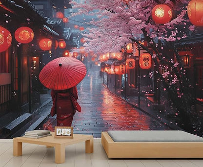 Japanese Street Wall Mural, Cherry Blossom Lantern Scene 3D Wall Murals, Romantic Rainy Evening Japan Wallpaper Mural, for Living Room Bedroom Large Wallpaper Indoor Decor 137.8" W x100 H
