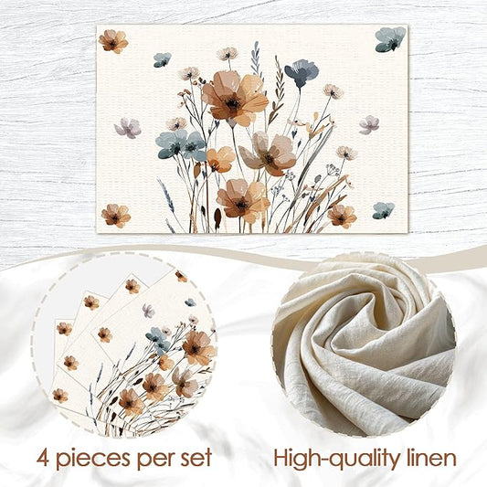 Brown Poppy Floral Placemats Set of 4, 12x18 Inch Flower Table Mats for Dining Farmhouse Kitchen Party Decor Home Decor - A03