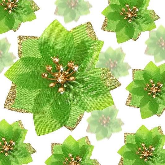 WILLBOND 24 Pcs 3 Size Poinsettia Flower Artificial Christmas Decor Glitter Poinsettia Christmas Ornaments Faux Flowers for Xmas Tree Outdoor(4/6/7.9 Inches,Green)