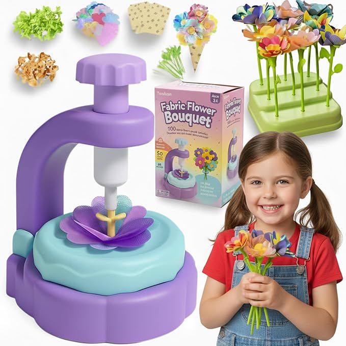 TOMLEON Fabric Flower Bouquet Craft Kit for Girls Ages 3+ – Create Reusable Fabric Flowers with Press Tool & Stems – Endless DIY Bouquets – No Glue, No Sewing – Perfect Creative Gift for Kids