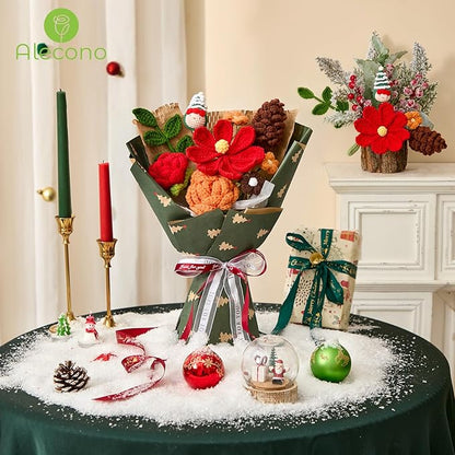 Alecono Crochet Flower Bouquet, Christmas Knitted Flowers, Green Completed Handmade Flower for Lover Anniversary Birthday Party Gifts (Include Card)