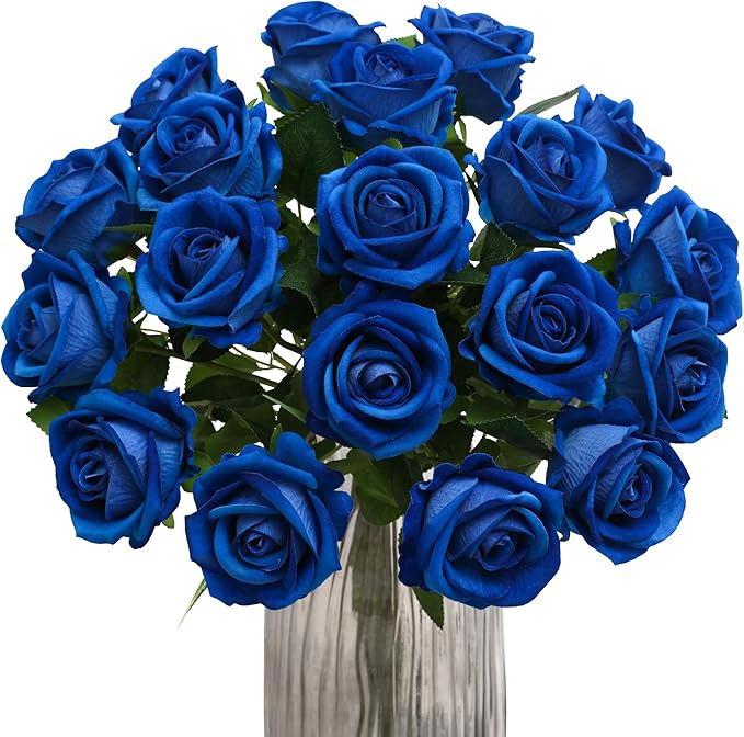 Hawesome Fake Roses Artificial Silk Flowers - 12 Pcs Blue Roses Artificial Faux Flowers with Stems for Home Wedding Centerpiece Hotel Office Decor