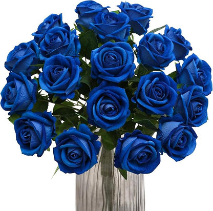 Hawesome Fake Roses Artificial Silk Flowers - 12 Pcs Blue Roses Artificial Faux Flowers with Stems for Home Wedding Centerpiece Hotel Office Decor