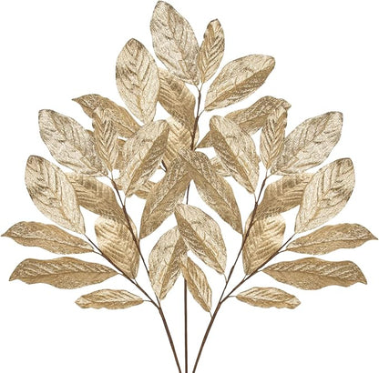 Champagne Christmas Glitter Magnolia Leaves Spray, 31inch Christmas Tree Picks and Sprays, Artificial Glitter Stem Ornaments for Christmas Tree Garland Wreath Centerpiece, 3PCS