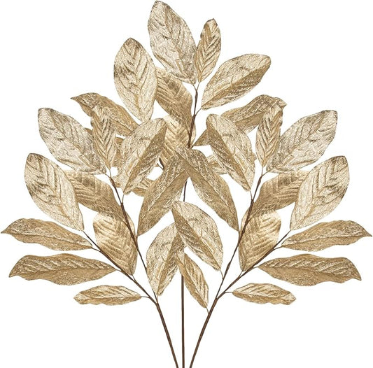 Champagne Christmas Glitter Magnolia Leaves Spray, 31inch Christmas Tree Picks and Sprays, Artificial Glitter Stem Ornaments for Christmas Tree Garland Wreath Centerpiece, 3PCS
