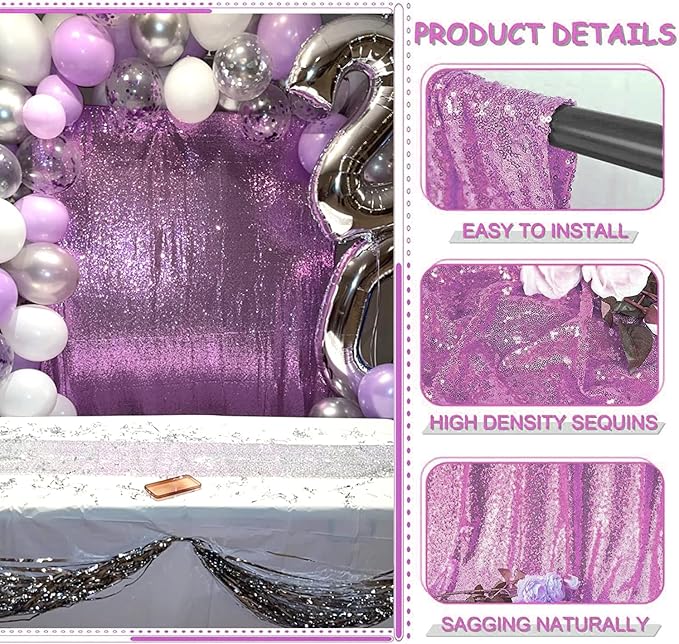 Lavender Sequin Backdrop Curtains 2FTx8FT 2 Panels Light Purple Glitter Photo Booth Backdrop Sparkly Background Drapes for Wedding Bridal Baby Shower Photography Birthday Party