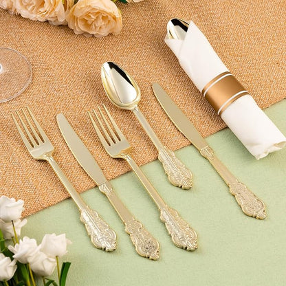 300PCS Gold Plastic Silverware for 100 Guests, Heavy Duty Gold Disposable Utensils Sets, Includes 100 Forks, 100 Spoons, 100 Knives, Elegant Cutlery Perfect for Wedding, Party