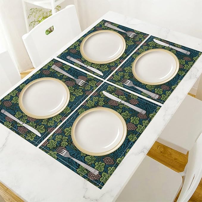 William Morris Vintage Botanical Placemats Set of 6, Retro Grapes Vines Flower Boho Plant Place Mats, Heat Resistant Non Slip Cotton Linen Dining Table Mats for Home Kitchen Party 18x12 Inch