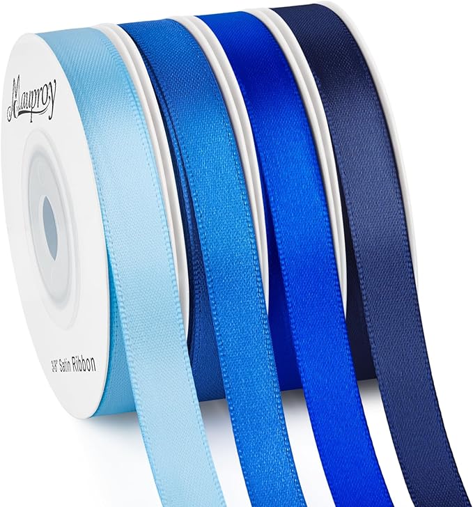 3/8 Inch Blue Satin Ribbon, 4 Rolls Total 40 Yards, Double Faced Mixed Blue Thin Ribbon for Gift Wrapping, Flower Bouquets, Crafts, Wedding, Christmas Decorations