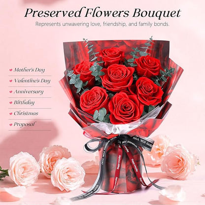 Preserved Flowers Bouquet 7 Roses - Red Real Rose & Flowers for Delivery, Long-Lasting Flower with Gift Box, Eternal Roses Bouquet for Mothers, Mom, Wife, Anniversary Birthday Gifts for Women