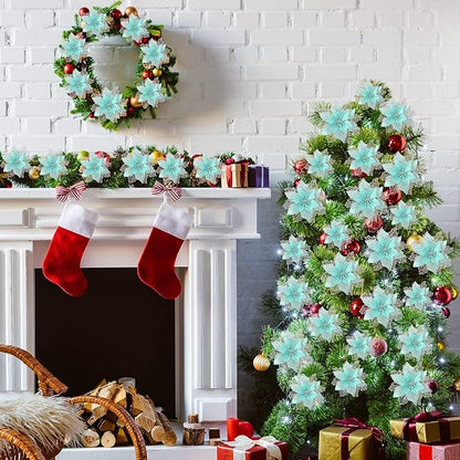 Geosar 24 Pieces Christmas Glitter Poinsettia Flowers Layered Artificial Xmas Flowers Wedding Christmas Tree New Year Ornaments 3/4/6 Inch(Light Green)