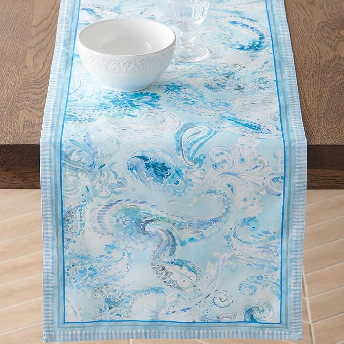 Maison d' Hermine Tablerunner 100% Combed Cotton Premium 14.50 Inch x 108 Inch Decorative Table Runner Table Runners, Dining, Buffet Party & Wedding, Paisley Blues (Double Layer)