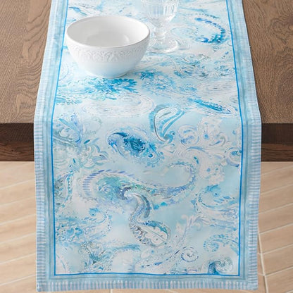 Maison d' Hermine Tablerunner 100% Combed Cotton Premium 14.50 Inch x 108 Inch Decorative Table Runner Table Runners, Dining, Buffet Party & Wedding, Paisley Blues (Double Layer)