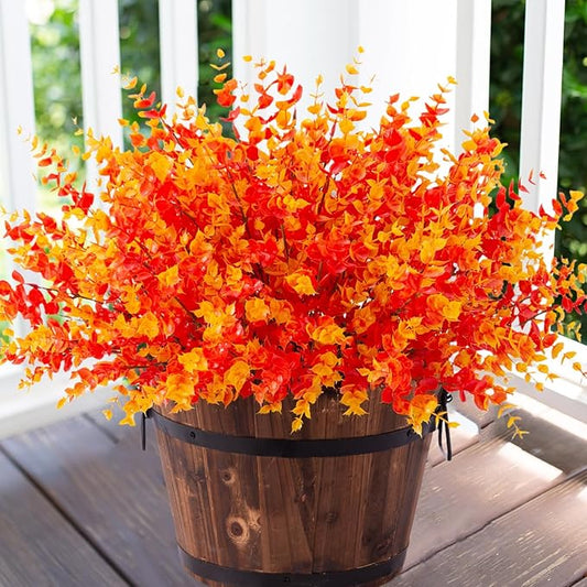 HyeFlora Artificial Fall Flowers Faux Mums for Outdoor Indoor Garden Home Decoration, Faux Flower Daisy with Eucalyptus Leaves Fake Plants Greenery Boxwood Porch Patio, 12 Bundles (Orange Eucalyptus)