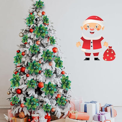Geosar 36 Pcs Christmas Glitter Artificial Poinsettia Flowers Xmas Poinsettia Artificial Wedding Flowers Decorations Xmas Tree Ornaments with Clips for Party, 6 Inch, 4 Inch, 3 Inch(Grass Green)