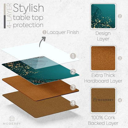 Set of 4 Heat Resistant Cork Placemats for Dining Table with Free Set of 4 Matching Drink Coasters Deep Green and Gold Design 16 x 12 Inches Cork Backed Hard Placemats (Green Serenity)