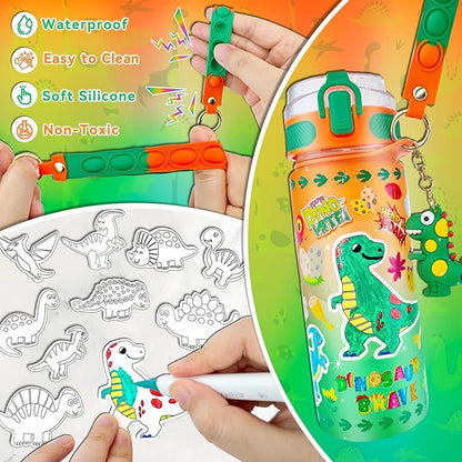 EDSPORTSHOUSE Decorate Your Own Water Bottle Kits for Boys Age 5-12,Dinosaur Painting Crafts,Fun Arts and Crafts Toys for Boys Birthday Christmas(Dinosaur)