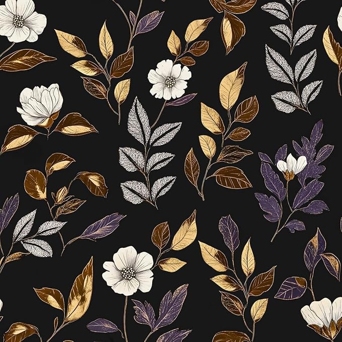 Dark Floral Wallpaper Peel and Stick Vintage Gold Leaf Contact Paper Black Floral Wallpaper Waterproof Self-Adhesive Wall Covering for Bedroom Countertop Desk Cabinets 17.4" x 393"