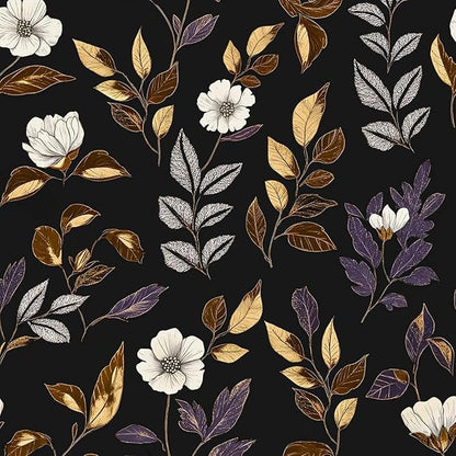 Dark Floral Wallpaper Peel and Stick Vintage Gold Leaf Contact Paper Black Floral Wallpaper Waterproof Self-Adhesive Wall Covering for Bedroom Countertop Desk Cabinets 17.4" x 393"