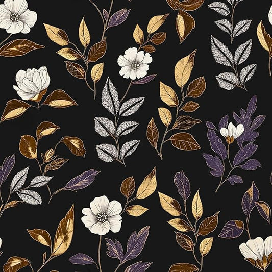 Dark Floral Wallpaper Peel and Stick Vintage Gold Leaf Contact Paper Black Floral Wallpaper Waterproof Self-Adhesive Wall Covering for Bedroom Countertop Desk Cabinets 17.4" x 393"