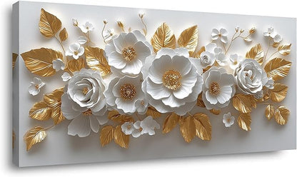 IDAFU Flower Wall Art White Foral and Golden Leaves Wall-décor White Wall Art Floral Painting Pictures for Living Room Bathroom Bedroom Kitchen Office Cuadros Decorativos Para Sala Decor 40L x 20W