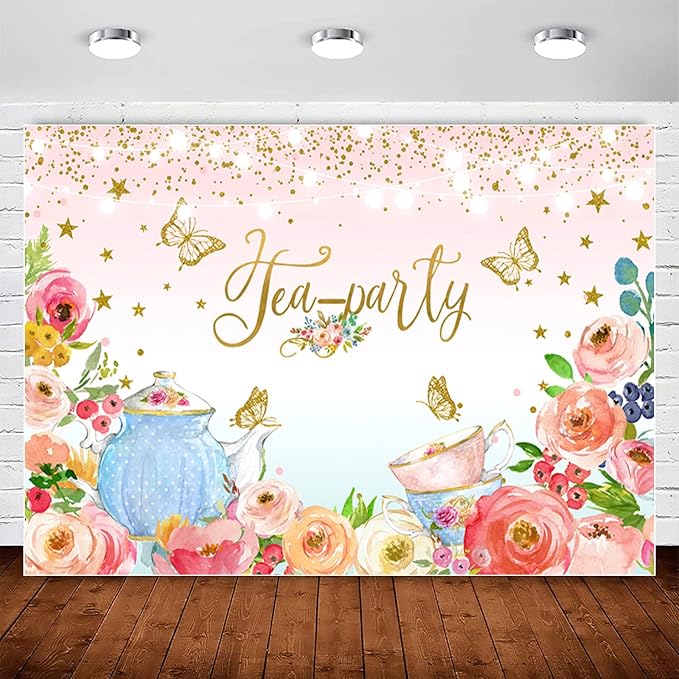 Pink Floral Tea Party Backdrop Glitter Gold Dots Butterfly Lets Partea Photography Background for Women Birthday Bridal Baby Shower Decorations Girls Wonderland Party Banner Photo Booth Supplies 7x5ft