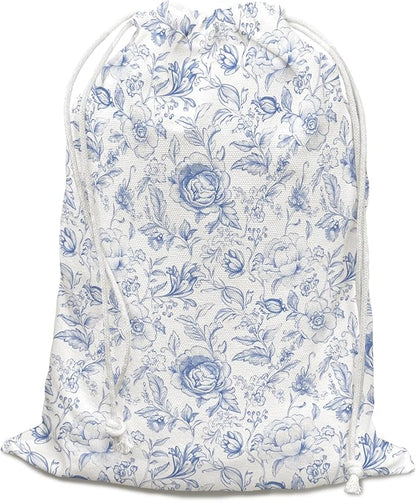 DSHFG Chinoiserie Blue Toile Floral Birthday Drawstring Gift Wrap Bags, Chinoiserie Baby Shower Drawstring Gift Bags Canvas, Blue and White Small Happy Birthday Bag, Gifts for Women, 10x13 Inch