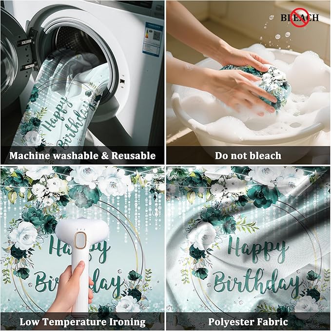 Renaiss 6x4ft Floral Happy Birthday Backdrop for Woman Fabric Green White Flowers Blooming Flower Photography Background Shinning Diamond Photo Backdrops for Birthday Party Supply