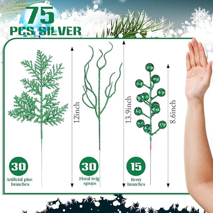 75 Pcs Christmas Glitter Branches 3 Styles Artificial Christmas Picks Berries Stems Pine Needles Floral Twig Spray for Xmas Tree Ornaments DIY Wreath Garland(Green)