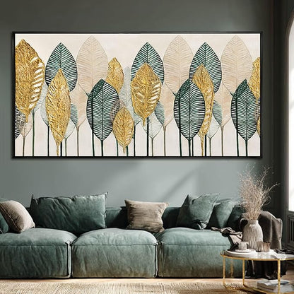 Contemporary Framed Wall Art Green and Gold Wall Decor Leaves Wall Prints Line Wall Posters 29"x58" Living Room Decorations Kitchen Art