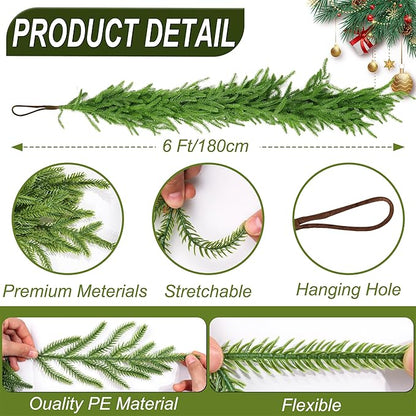6 Ft Christmas Norfolk Pine Garland Real Touch Artificial Faux Greenery Christmas Garland Decorations for Home Mantle Table Fireplace Stairs Door Indoor Outdoor Holiday Decor