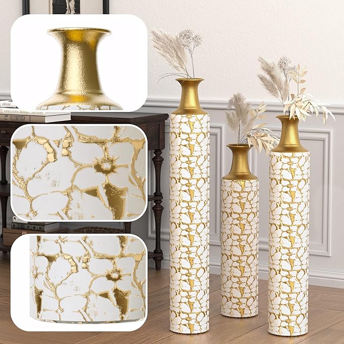 Floor Vases, Tall Home Decor Metal Vase Set of 3 Large Glazed Decorative Vases for Wedding Decor, Elegant Modern Flower Holder for Living Room, Entryway, Hallway, Dining Room