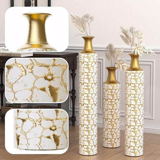 Tall Floor Vase Set of 3 - Oversized Modern Vintage Metal Vases for Living Room Decor, Gold Decorative Large Vases for Corner and Hallway