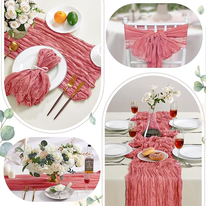 Cheesecloth Table Runner 10FT Long Boho Gauze Table Runner Rustic Sheer Runner for Wedding Bridal Baby Shower Birthday Party Table Decor Thanksgiving Christmas Decorations (12pcs, Rose)