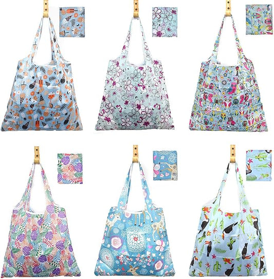 6 Pcs Reusable Grocery Bags Xlarge 50LBS Foldable Grocery Shopping Bags Washable Beach Bag Ripstop Nylon Tote Bags