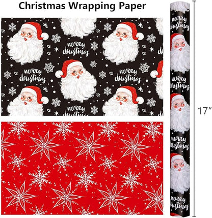 MAYPLUSS Christmas Wrapping Paper Roll - 17 Inch X 33 Feet - Merry Christmas Santa Claus Reversible Snowflake Gift Wrapping Paper, Thick Wrap Paper for Holiday Party New Year Kids