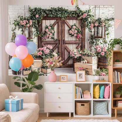 12x10ft Country Wedding Photography Backdrop Floral Rustic Roses Farmhouse Wooden Door Backdrop Pink Flower Birthday Baby Shower Wedding Bridal Party Banner Photo Booth Props Anniversary Background