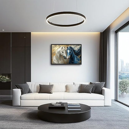 Framed Large Horse Wall Art for Living Room, Oversized Abstract Horses Wall Decor Blue and Golden Canvas Painting Animal Pictures Modern Artwork for Living Room Bedroom Office 36"x24"