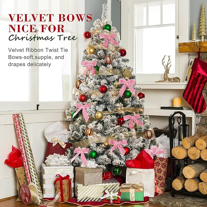 24 Pcs Pink Small Velvet Christmas Bows for Christmas Tree, Wreath, Gift Wrapping, Crafts, Wedding, Party, Twist Tie Bows for Treat Bag Bakery Candy Bags, Home Decor 1" W,3.5 x 3.5 inch