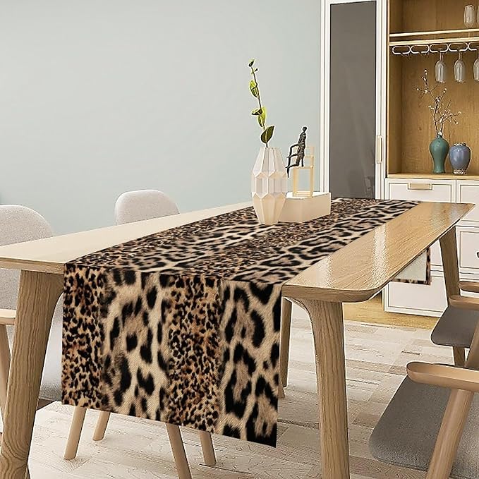 Animal Skin Print Table Runner, Vintage Farmhouse Cottage Country Western Wildlife Safari Leopard Dinner Runner for Home Kitchen Dining Table Party Holiday 13x90in