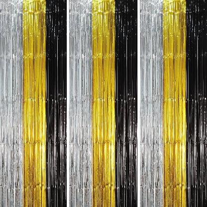 3 Pack 3.3 x 8.2 ft Black Gold Silver Foil Fringe Backdrop Curtains, Tinsel Streamers Party Decorations, Fringe Backdrop, Door Shimmer for New Years or Birthday Party