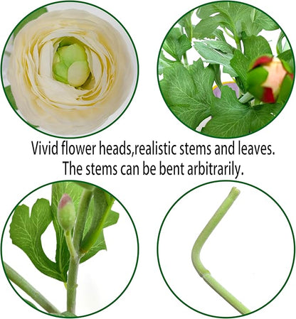 ATFL Ivory Ranunculus Artificial Flowers,6 Pcs Artificial Faux Silk Ranunculus Flowers with Real Touch Stems,Fake Peony Flowers for Floral Arrangements DIY Wedding Bouquet Party Table Home Decor