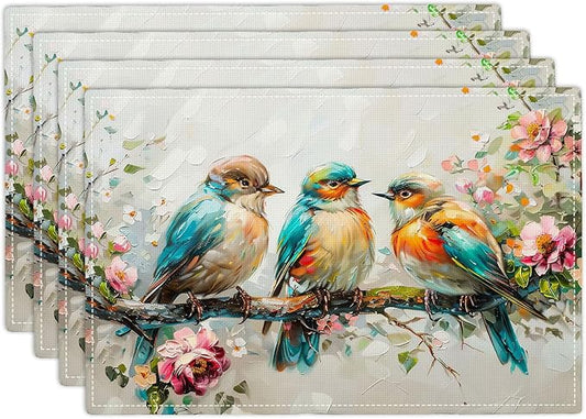 Botanical Birds Placemats Set of 4 Bird Pictures Farmhouse Rustic Flower Kitchen Mats Waterproof Washable Table Mats for Kitchen Dining Decoration 4 PCS