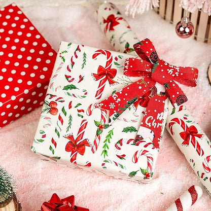 MAYPLUSS Christmas Wrapping Paper Roll - 17 Inch X 33 Feet - Cute Bow Candy Cane Christmas Holly Reversible Polka Dot Gift Wrapping Paper, Thick Wrap Paper for Holiday Party New Year Kids