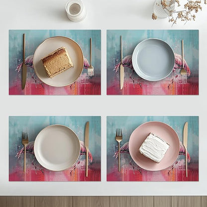 Pink Flamingo Placemats Set of 6 Washable Table Mats Modern Tropical Heat-Resistant Cotton Linen Place Mats for Dining Table Kitchen Indoor Outdoor Party Holiday Decor