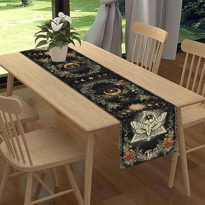 Gothic Moth Table Runner, Boho Gothic Sun Moon Phase Wildflower Mystical Witchy Farmhouse Coffee Table Center Decor for Home Kitchen Dining Patio Holiday Party Table Decorations 13x36 inches