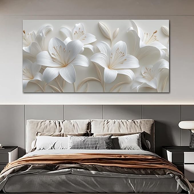 Tarfupth Large Floral Wall Art for Living Room White Flowers Artwork for Bedroom Teen Girls Room Office Kitchen Home Decor Canvas Prints 29"x58"