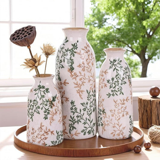Ceramic Vase Set of 3, Vintage Green and Beige Vases Set, Flower Rustic Chinoiserie Vases Floral Grand Millennial Farmhouse Decor Vase (Green and Beige-Set of 3)